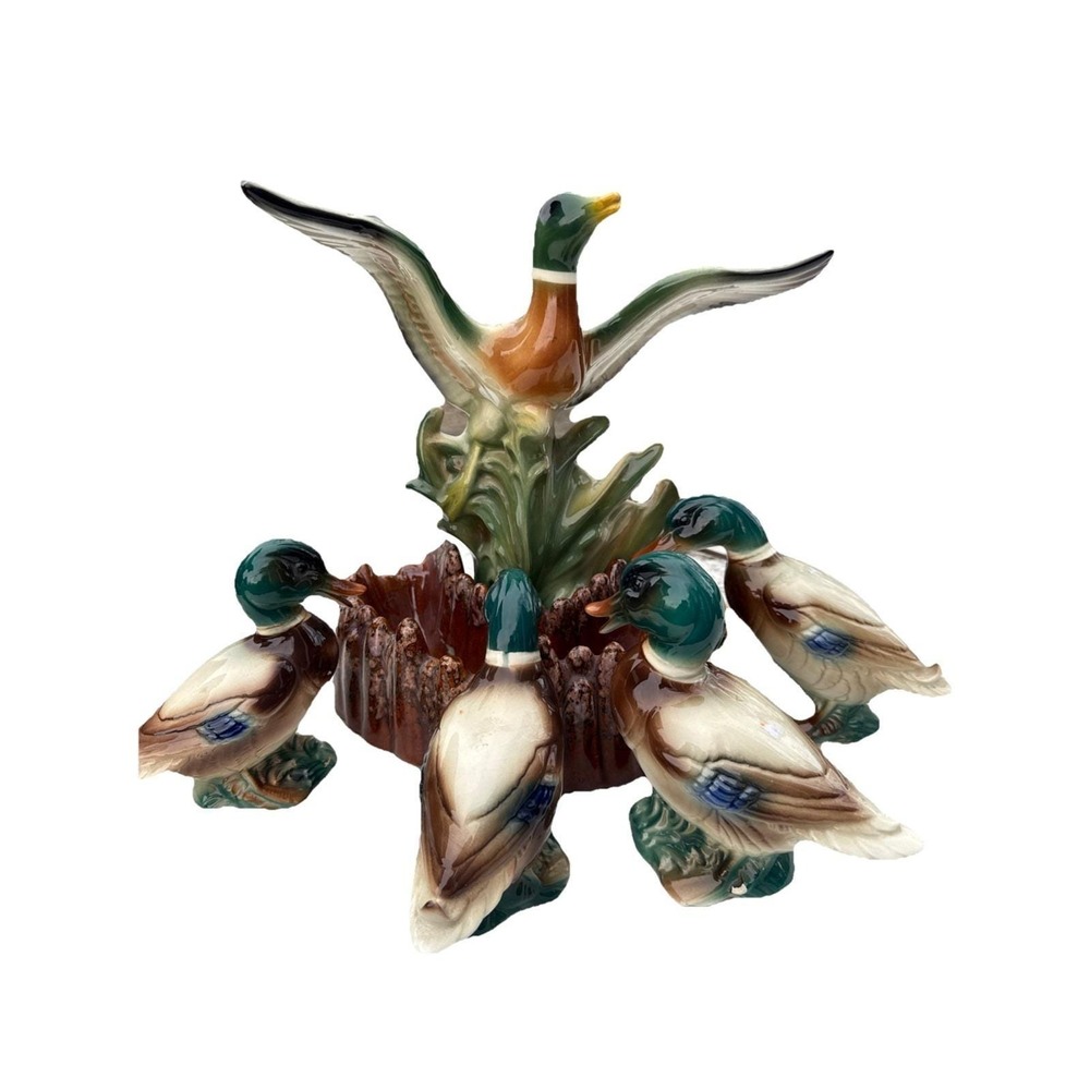 Vintage MCM Ceramic Mallard Duck In Takeoff Lamp W/ Ducklings RARE Works